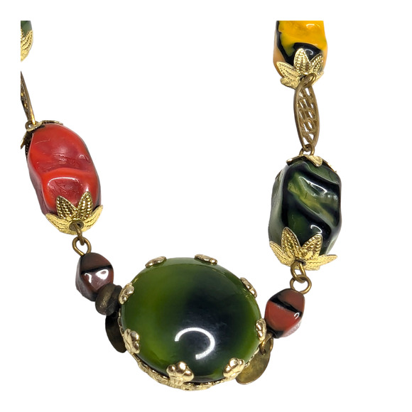 Western Germany Pressed Multi Colored Beaded Gold Tone 22in Necklace Vtg - Picture 5 of 8